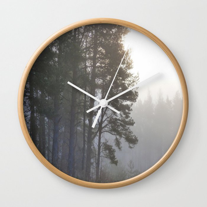 Misty Winter's Scottish Pine Tree View Wall Clock