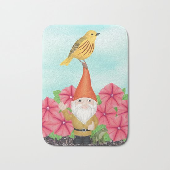 gnome with yellow warbler and petunias Bath Mat
