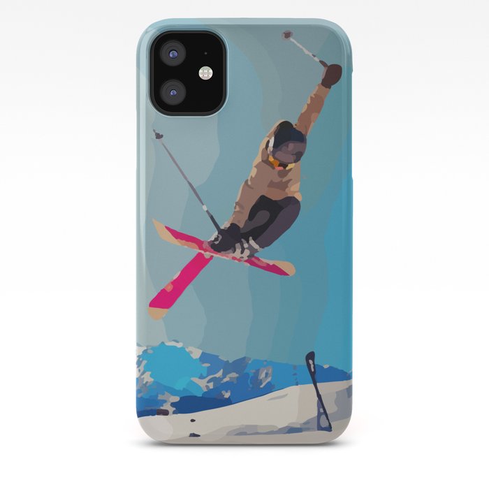 Man jumps with skies on piste with mountains and sky background iPhone Case