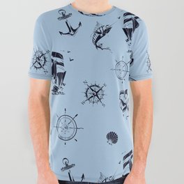 Pale Blue And Blue Silhouettes Of Vintage Nautical Pattern All Over Graphic Tee