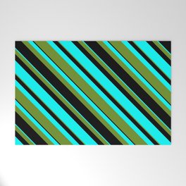 [ Thumbnail: Green, Black, and Aqua Colored Lined Pattern Welcome Mat ]