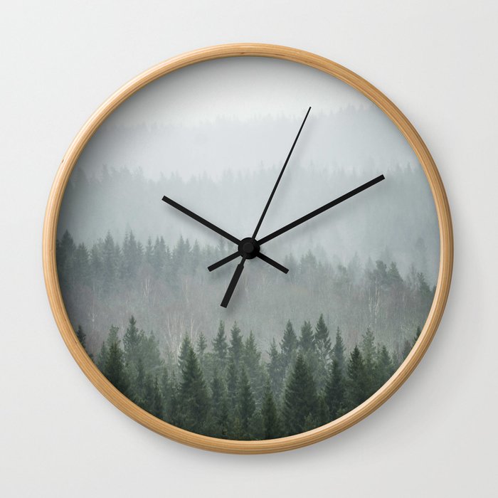 Parallax Monochromatic Misty Pine Forest Landscape Photo Wall Clock