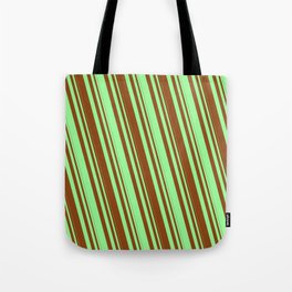 [ Thumbnail: Brown and Green Colored Lined Pattern Tote Bag ]