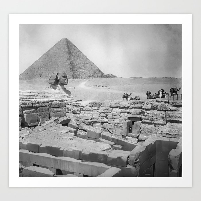 Sphinx, Pyramid, and Ruins, Giza, Egypt black and white photography - black and white photographs Art Print
