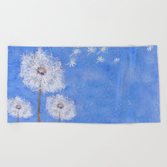 flying dandelion watercolor painting Beach Towel