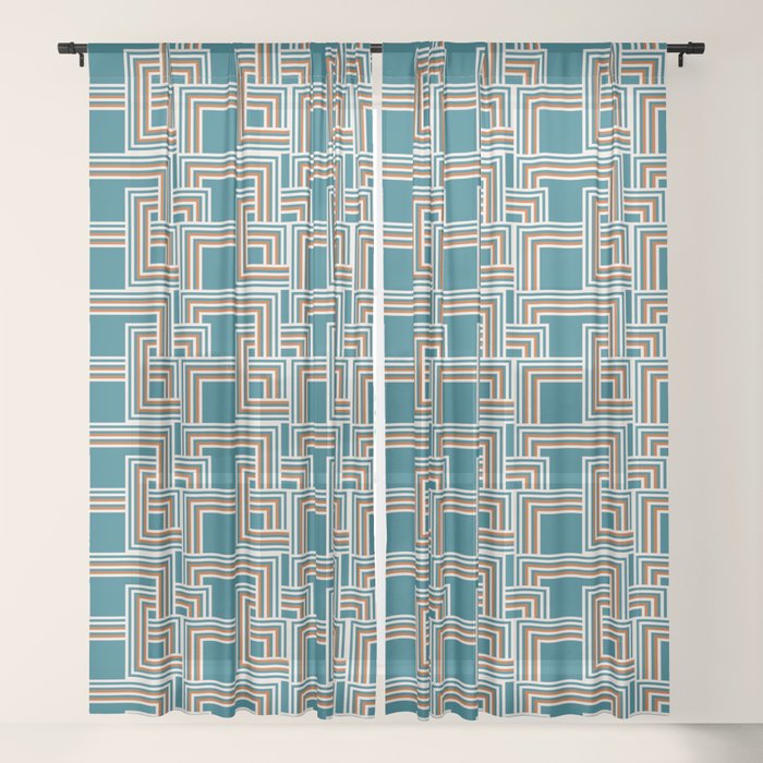 Modern Striped Squares In Teal Burnt Orange And Cream Sheer