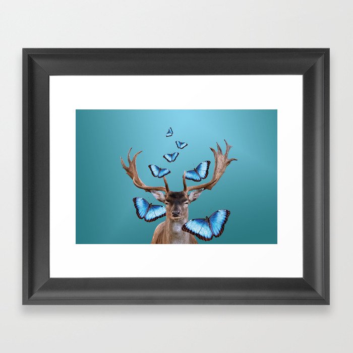 Deer Head with blue morph butterflies around Framed Art Print