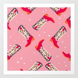 Cowboy boots with flowers and hearts on vibrant pink background, seamless pattern. Cute festive repeat pattern. Bright colorful vector design. Art Print