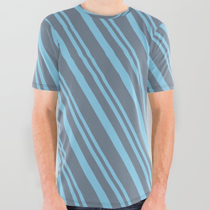 Sky Blue and Slate Gray Colored Stripes Pattern All Over Graphic Tee
