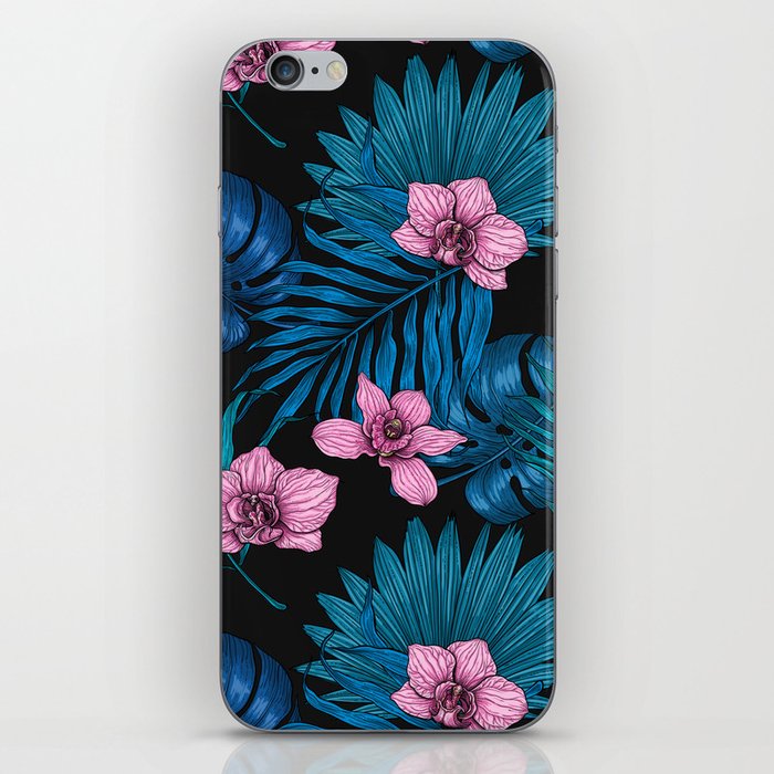Orchids and palm leaves, pink and blue iPhone Skin