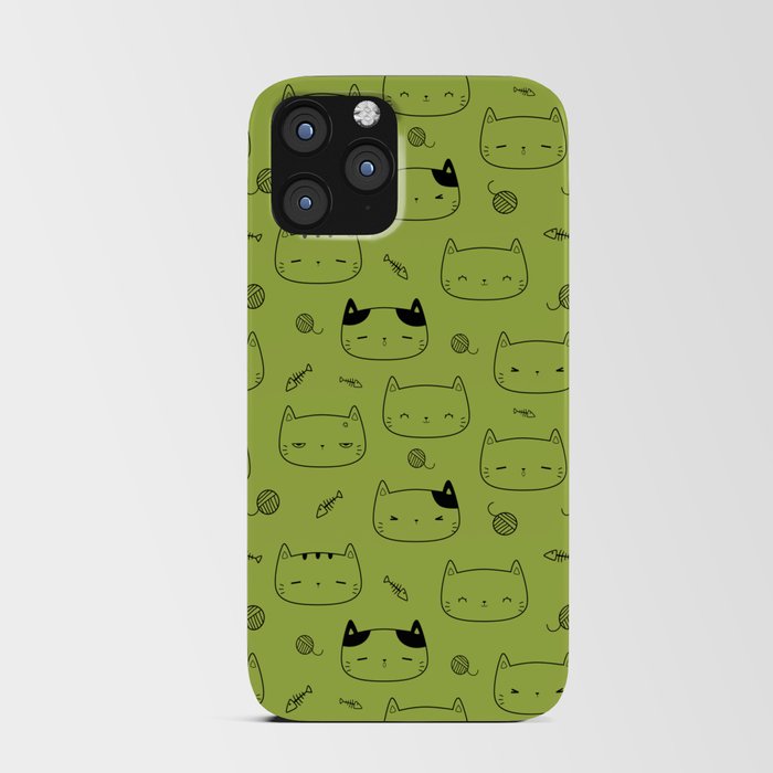 Light Green and Black Doodle Kitten Faces Pattern iPhone Card Case