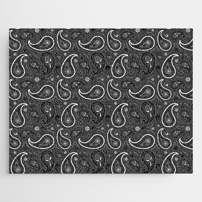 Black and White Paisley Pattern on Dark Grey Background Jigsaw Puzzle