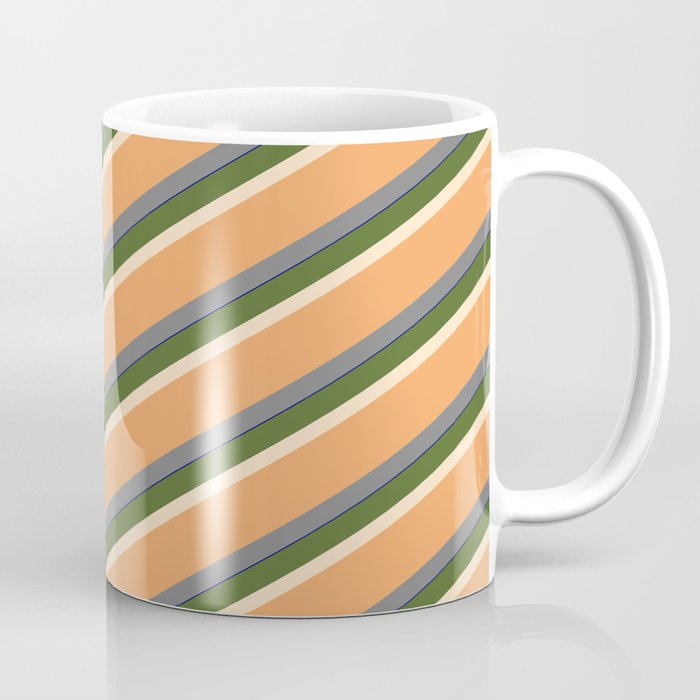 Vibrant Dark Olive Green, Bisque, Brown, Gray, and Dark Blue Colored Striped Pattern Coffee Mug