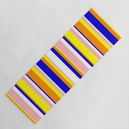 [ Thumbnail: Eye-catching Dark Orange, Blue, White, Light Pink, and Yellow Colored Stripes Pattern Yoga Mat ]