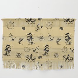 Beige And Black Silhouettes Of Vintage Nautical Pattern Wall Hanging