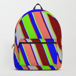 [ Thumbnail: Eyecatching Light Gray, Blue, Dark Red, Salmon & Green Colored Lines Pattern Backpack ]