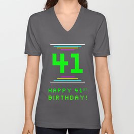 [ Thumbnail: 41st Birthday - Nerdy Geeky Pixelated 8-Bit Computing Graphics Inspired Look V Neck T Shirt V-Neck T-Shirt ]