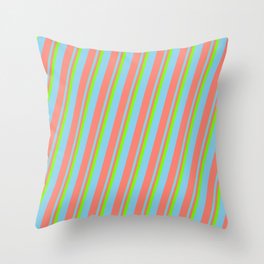 [ Thumbnail: Green, Sky Blue & Salmon Colored Pattern of Stripes Throw Pillow ]