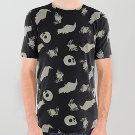 Creepy Objects - Skulls Spiders Ravens - Silver and Black All Over Graphic Tee