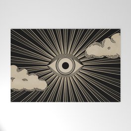 Radiant eye minimal sky with clouds - black and gold Welcome Mat