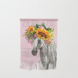 Sunflower Crown White Horse in Pink Wall Hanging