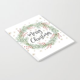 Merry Christmas wreath with red berries Notebook | Christmas, Spruce, Holiday, Fir, Quote, Wreath, Graphicdesign, Berry, Winter, Green 