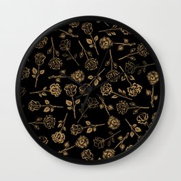 Gold Roses Silhouette on Black Wall Clock