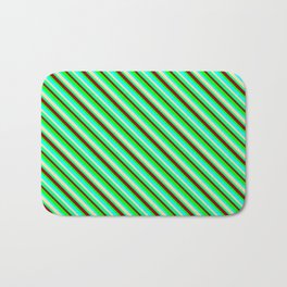 [ Thumbnail: Colorful Dark Red, Lime, Aqua, Tan, and Green Colored Pattern of Stripes Bath Mat ]