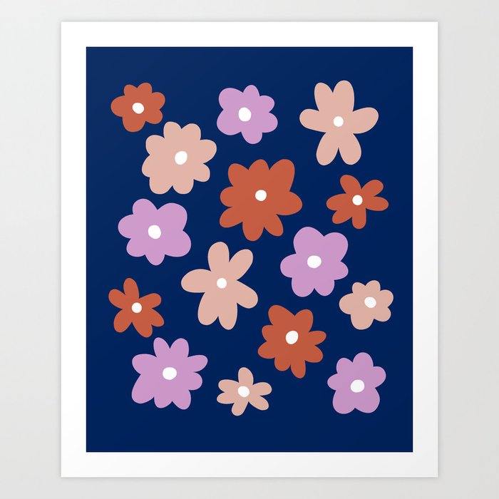 Retro Flowers Lilac, Burnt Orange, Light Pink with Dark Blue Background Art Print