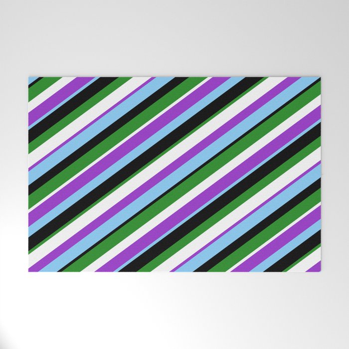 Dark Orchid, Light Sky Blue, Black, Forest Green, and White Colored Lines Pattern Welcome Mat