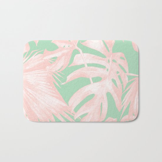 Tropical Palm Leaves Coral Pink Mint Green Bath Mat