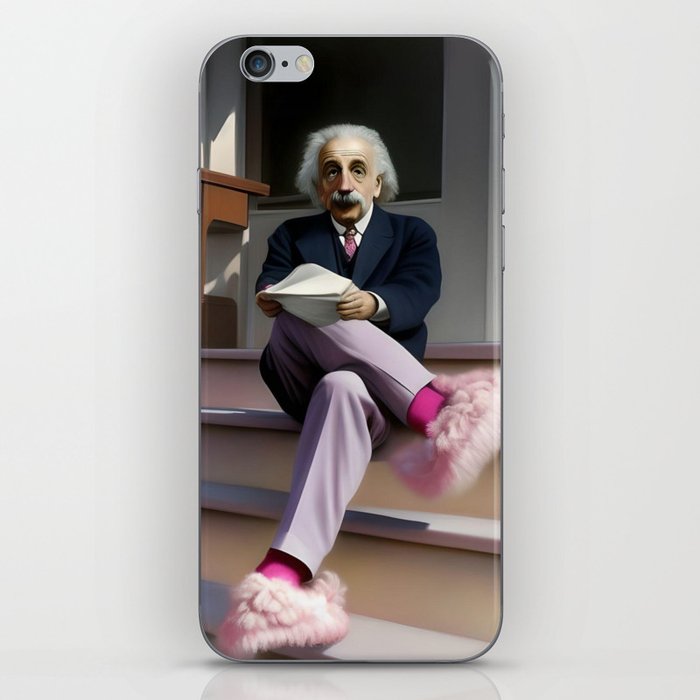 Albert Einstein sitting on porch in pink fuzzy slippers humorous satirical portrait painting iPhone Skin
