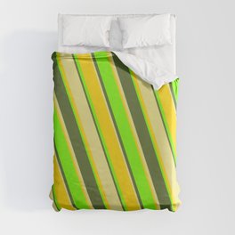 [ Thumbnail: Tan, Yellow, Green & Dark Olive Green Colored Lined Pattern Duvet Cover ]