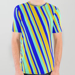 [ Thumbnail: Aquamarine, Blue & Yellow Colored Lines Pattern All Over Graphic Tee ]