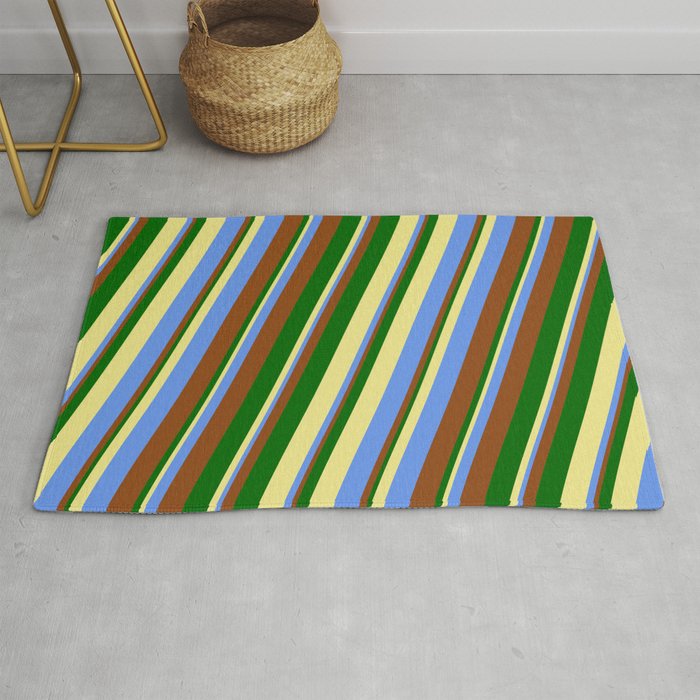 Tan, Cornflower Blue, Brown, and Dark Green Colored Lines/Stripes Pattern Rug