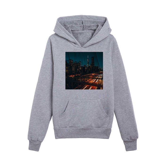 New York City Manhattan skyline from the Brooklyn Bridge at night Kids Pullover Hoodie