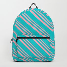 [ Thumbnail: Light Pink & Dark Turquoise Colored Striped Pattern Backpack ]