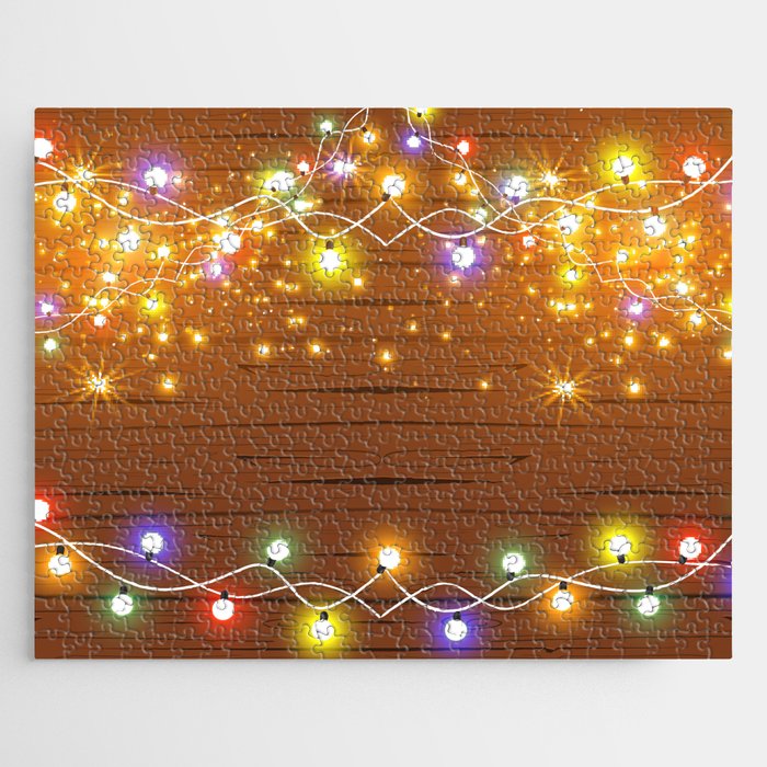 Christmas and New Year design: wooden background with Christmas lights of garland. Vintage illustration, Set of glowing christmas lights. Wooden background.  Jigsaw Puzzle
