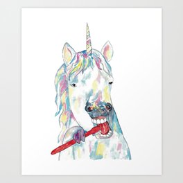 Unicorn brushing teeth painting watercolour Art Print