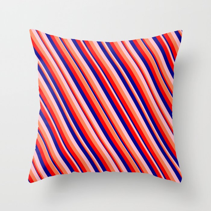 Pink, Coral, Red, and Dark Blue Colored Pattern of Stripes Throw Pillow