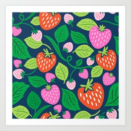 Strawberries - Pink and Blue Art Print