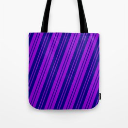 [ Thumbnail: Dark Violet and Blue Colored Pattern of Stripes Tote Bag ]