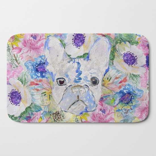 Abstract French Bulldog Floral Watercolor Paint Bath Mat By