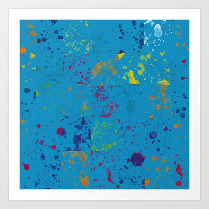 Colorful Paint Spatter on Blue Background Art Print