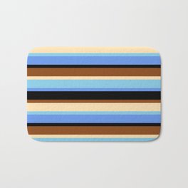 [ Thumbnail: Brown, Beige, Sky Blue, Cornflower Blue & Black Colored Striped Pattern Bath Mat ]