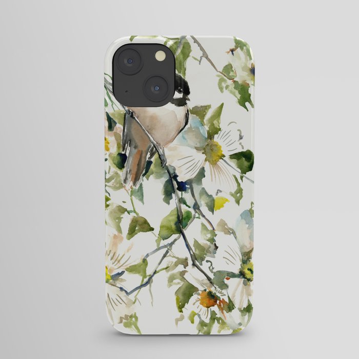 chickadee and dogwood, chickadee art design floral iPhone Case