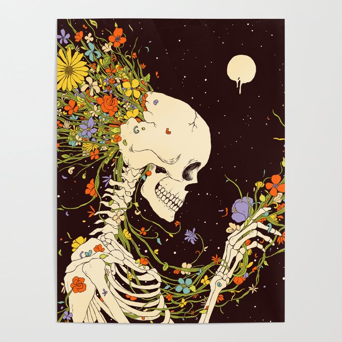 I Thought of the Life that Could Have Been Poster | Drawing, Digital, Graphite, Skull, Skeleton, Existence, Flowers, Nature, Surrealism, Moon