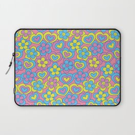 Happy Daisy and Heart Pattern, Vibrant Colors, Blue, Yellow, Pink Laptop Sleeve