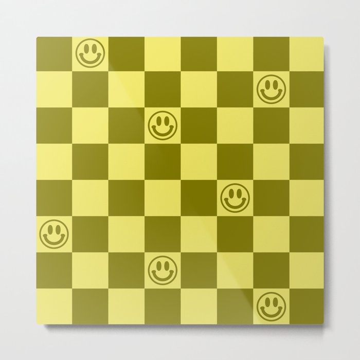 Yellow/Olive Color Smiley Face Checkerboard Metal Print