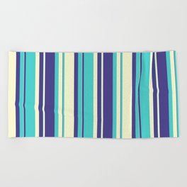 [ Thumbnail: Dark Slate Blue, Turquoise & Light Yellow Colored Striped/Lined Pattern Beach Towel ]